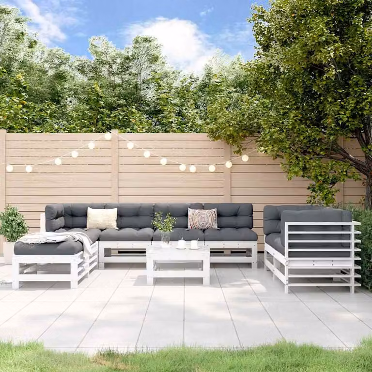 Set Salotto da Giardino vidaXL in Legno di Pino Bianco con Cuscini e Design a L