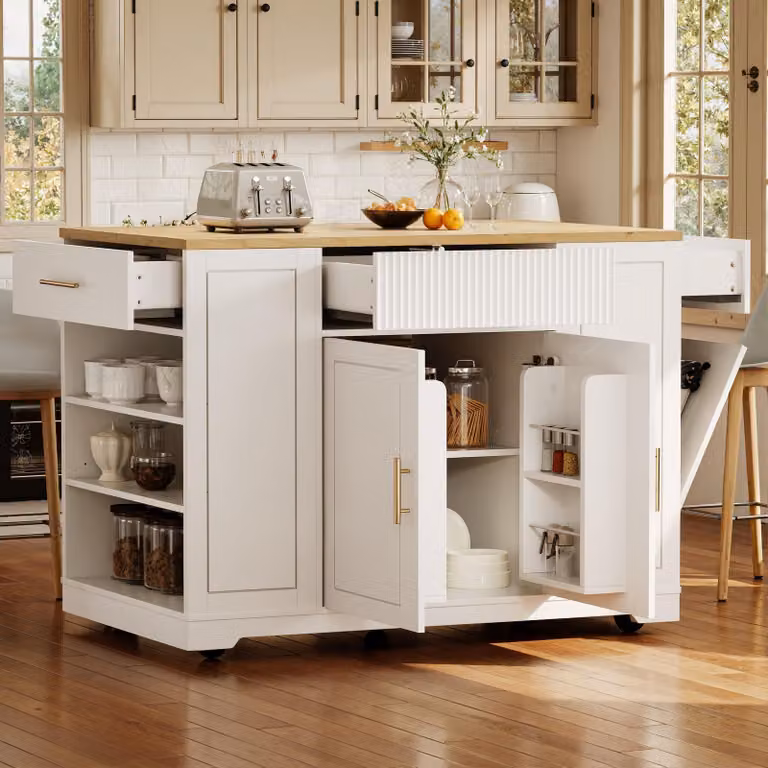 MODFU Isola da cucina su ruote, carrello di servizio con ripiani regolabili, armadio da cucina con cestino e 3 cassetti, bianco