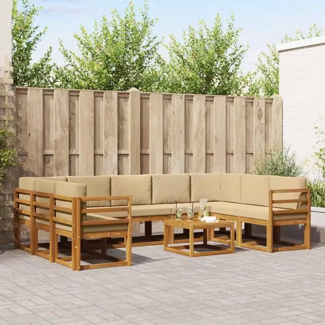Set di divani da esterno a forma di U vidaXL in legno di acacia con cuscini beige e marrone