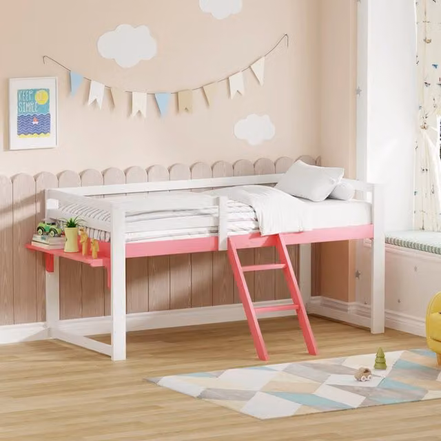 Letto a soppalco per bambini MINIMAL in pino massello bianco e rosa con scala, tavolo e rete a doghe, L/P/H: 200 x 90 x 151 cm