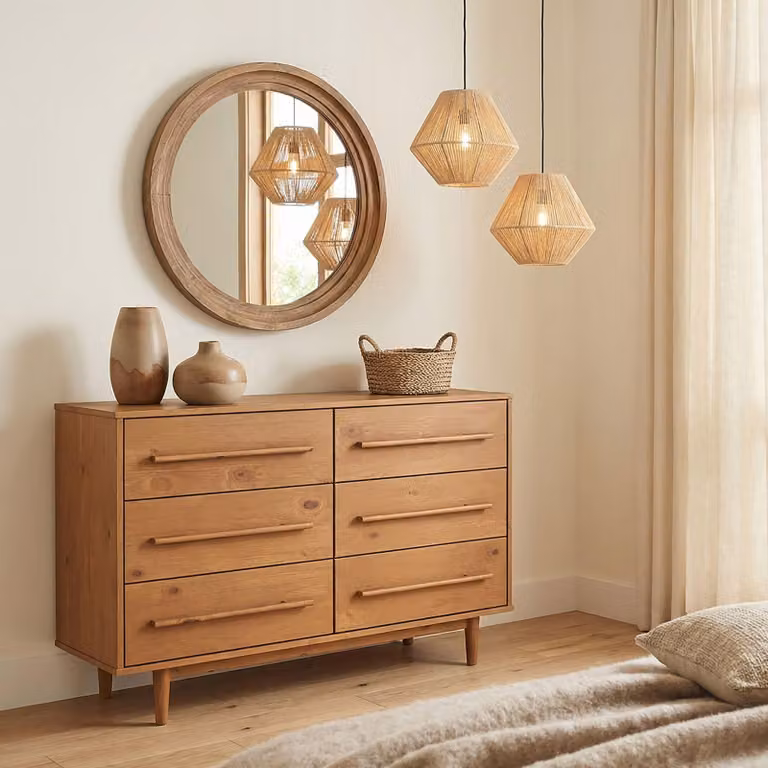 Cassettiera TECCA con 6 cassetti, colore rovere - cassettiera in pino massiccio, maniglie lunghe in legno, spazio per camera da letto, soggiorno, corridoio, design scandinavo