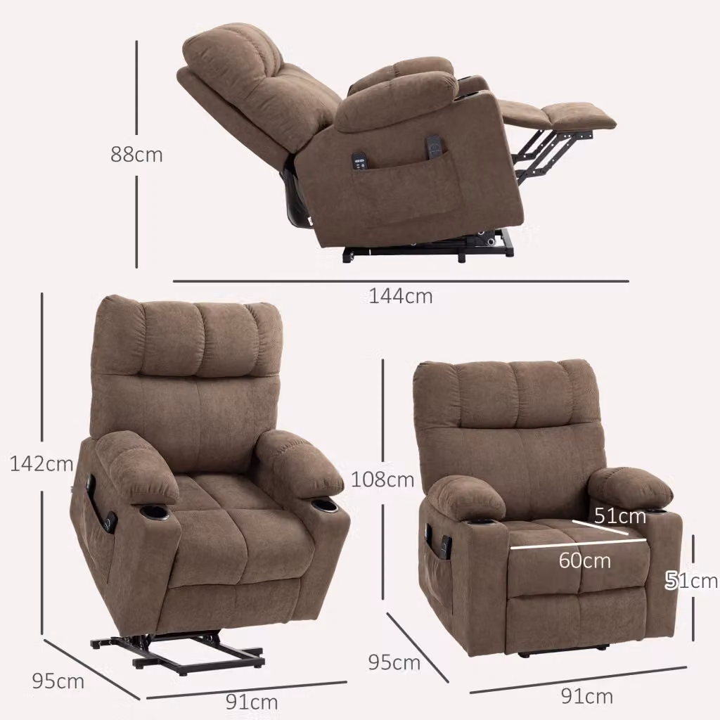 Poltrona relax elettrica reclinabile MIVRAY con massaggio, calore e alzata, colore marrone, con portabevande, L: 109 cm, P: 95 cm, H: 91 cm – 2