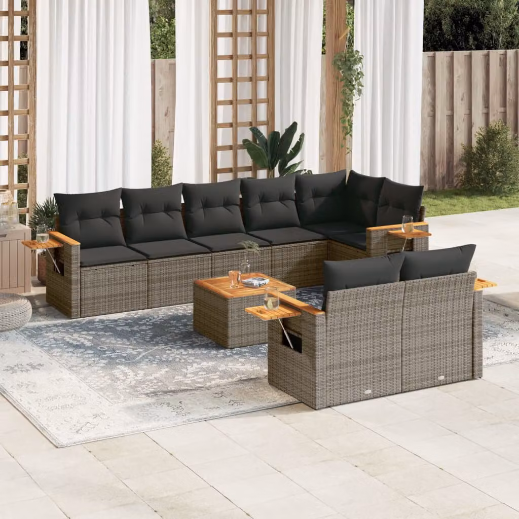 vidaXL Set Divano da Giardino 9 pz in Polyrattan Grigio con Cuscini e Tavolino da Caffè – 1