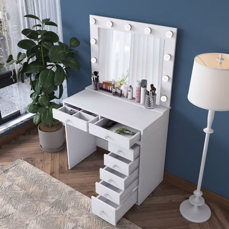 Skye Decor, BJ115 - 2781, Tavolino da toilette, 100 % truciolato rivestito di melamina, grado E1, bianco, 90 x 44,5 x 153,4 cm