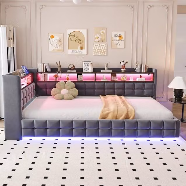 Letto imbottito con contenitore idraulico; LED e prese USB Type-C; 90x200 cm; velluto grigio