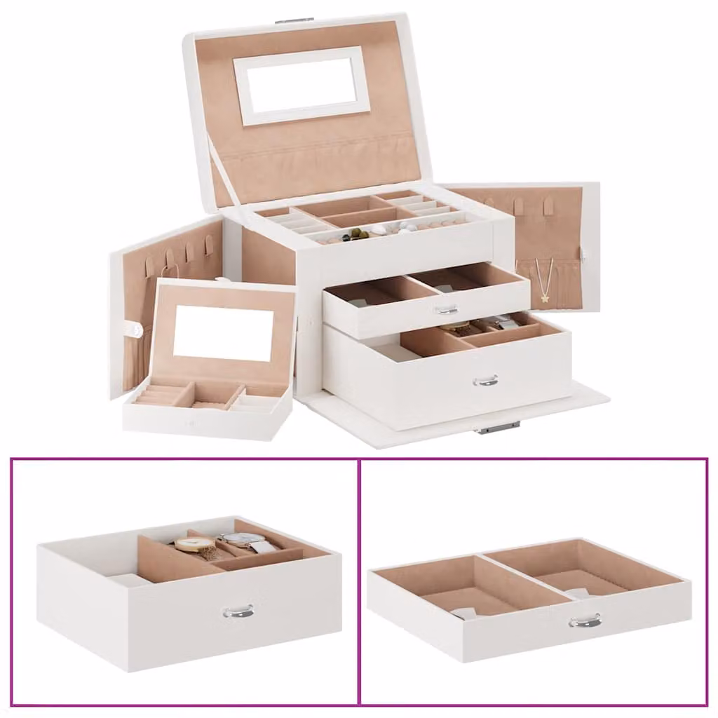 Portagioie vidaXL a 3 strati in legno con specchio bloccabile, bianco o beige, L/P/H: 26 x 18 x 17,5 cm