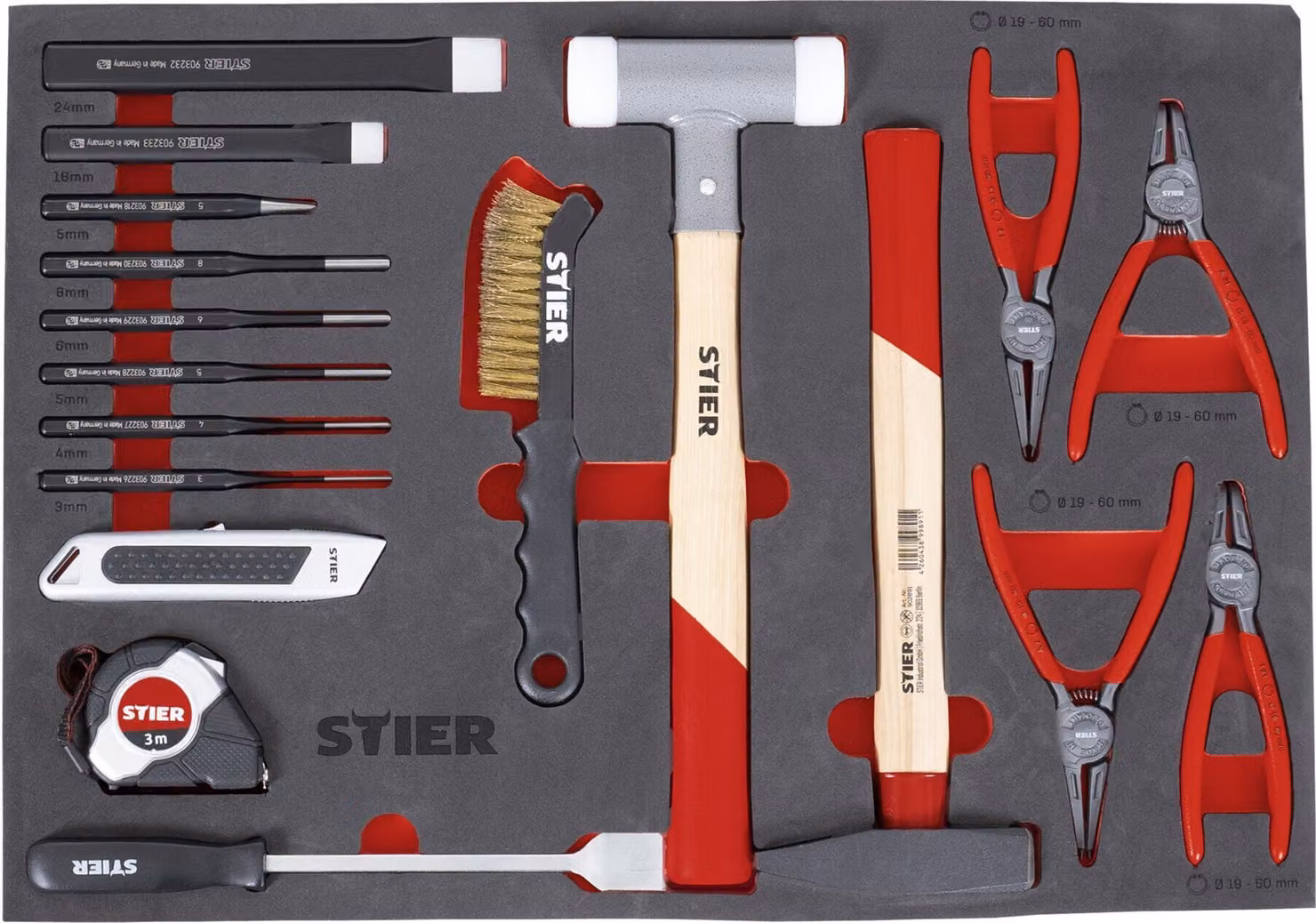Set di utensili STIER, 18 pezzi, in inserto di schiuma morbida (EVA), per uso in officina, incl. estrattore per coppiglie, scalpello, martello, taglierino, spazzola metallica, set di utensili universali