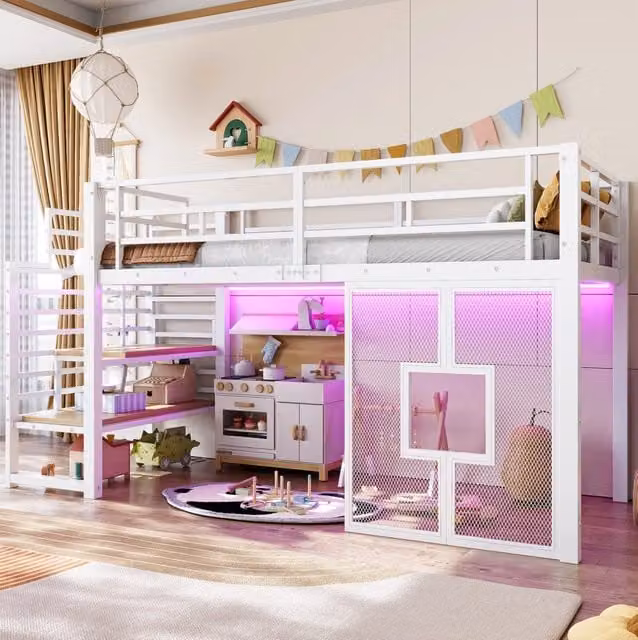 Letto a soppalco ULEVR 90x200 cm con scala con 2 vani, LED regolabile e finestre, struttura in ferro e MDF bianca