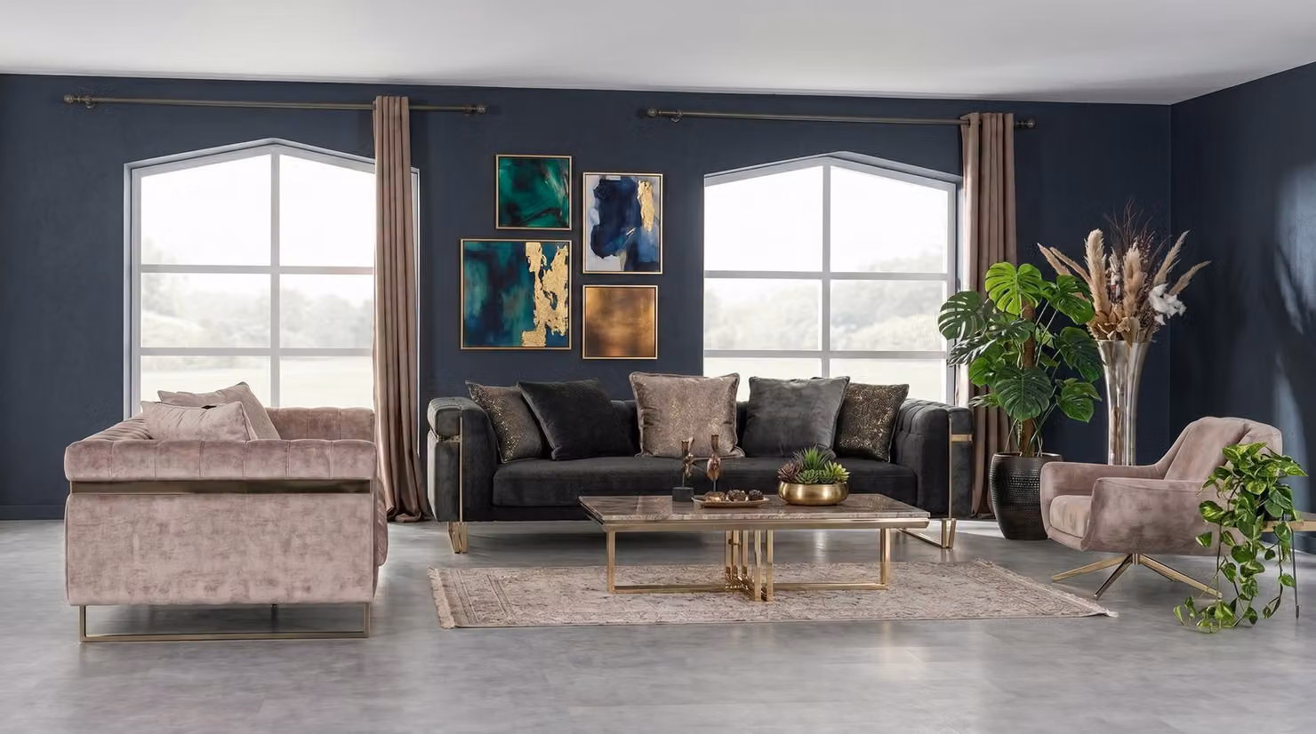 Wohnzimmer Set 2x 3 Sitzer Sofa Sessel Modern Rosa Schick