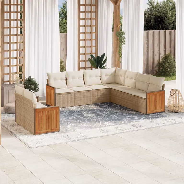 vidaXL Set Divano da Giardino a L con 9 Pezzi, Polyrattan e Cuscini Beige con Struttura in Acciaio e Legno di Acacia
