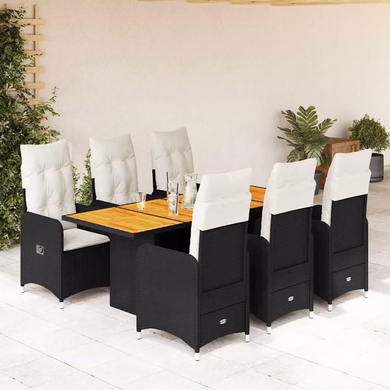 Set da Bistrò da Giardino vidaXL in Polyrattan e Legno di Acacia con 7 Cuscini Nero