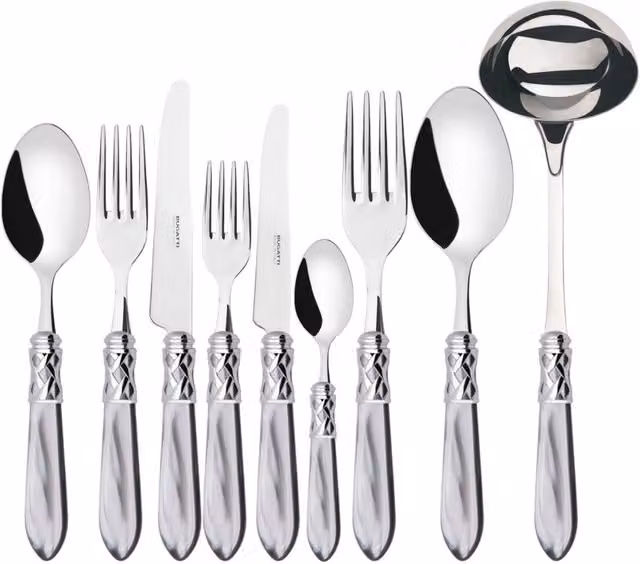 Set di posate ALADDIN da 75 pezzi in acciaio inossidabile con ghiera cromata e scatola in legno Wengè, colore grigio e argento