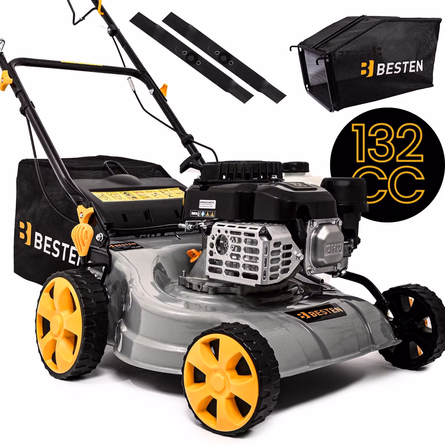 Tagliaerba a Benzina con Trazione BESTEN 132cc 41 cm, Motore OHV 4 Tempi, Cestello 40L, 2 Lame, Altezza Regolabile 25–70 mm, Olio Incluso