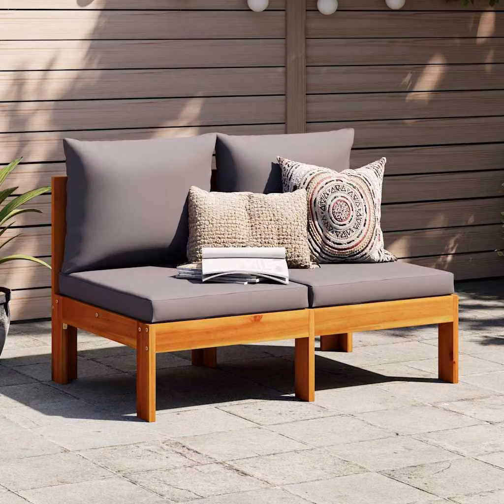 vidaXL Divano da giardino a 2 posti in legno massiccio di acacia con cuscini imbottiti grigi e marroni L: 106 cm, P: 68 cm, H: 64 cm