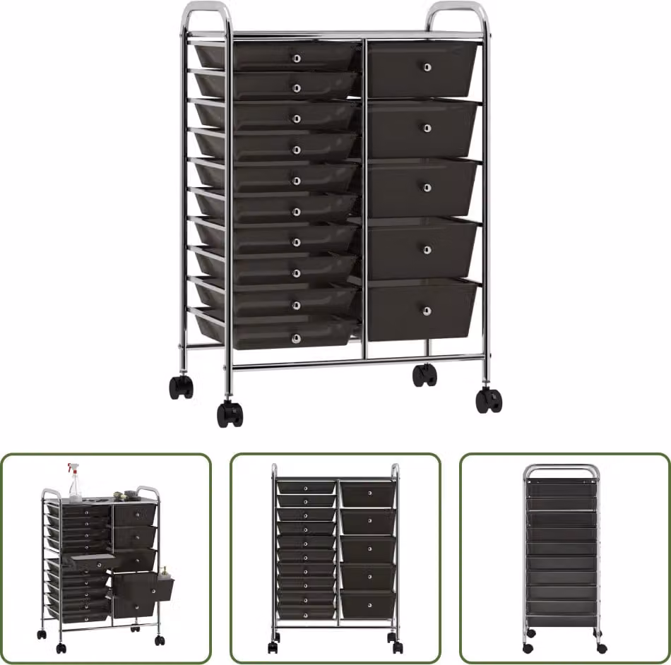 The Living Store Carrello a cassetti XXL con 15 cassetti in plastica nera