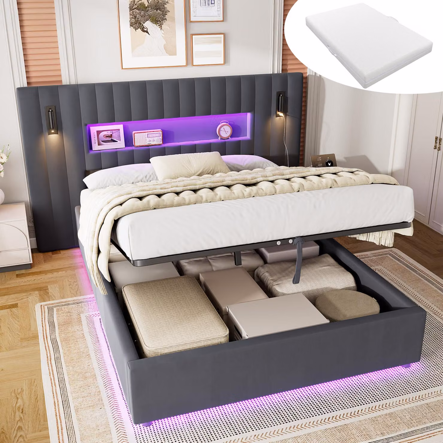 Letto a castello per giovani, 140x200 cm, con materasso, struttura imbottita in velluto con alta testiera, letto a molle con sistema idraulico, matrimoniale, con luci LED e porta USB, colore grigio