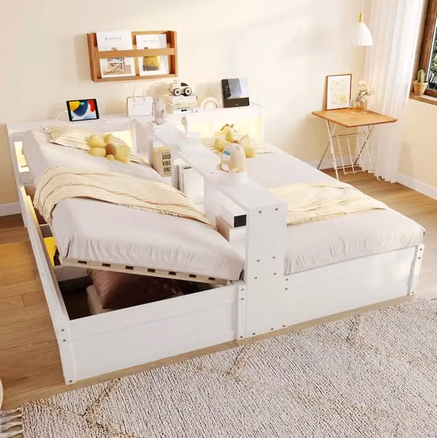 Letto multifunzionale ULEVR 90/180x200 cm con LED, prese integrate e contenitore idraulico, bianco