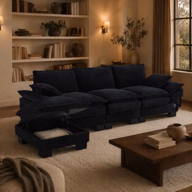 Divano modulare 3 posti in corduroy con pouf; USB-C; nero 260 x 132 x 84 cm