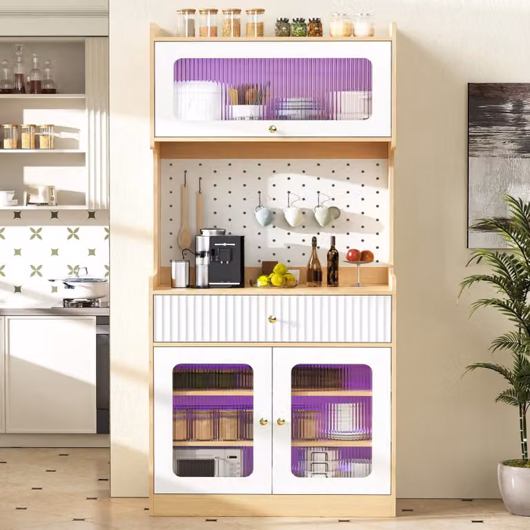 Merax: mobile da cucina con cassetti e 3 ante in vetro, mobile alto con illuminazione a LED, vetrina con ante in vetro. Ideale per sala da pranzo, soggiorno e cucina, finitura naturale