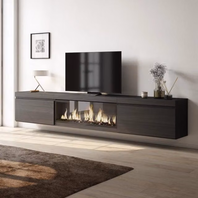 Mobile TV Soggiorno, 267x35x45cm, TV di grande formato, Camino elettrico XXL, da appendere, Nero RF3602