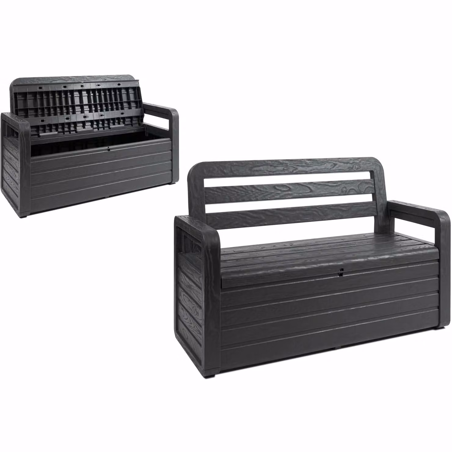 Cassapanca panchina contenitore da esterno Toomax in resina effetto legno colore antracite con seduta per 2 persone e vano interno da 263 litri H 89 x L 132 x P 58 cm – 2