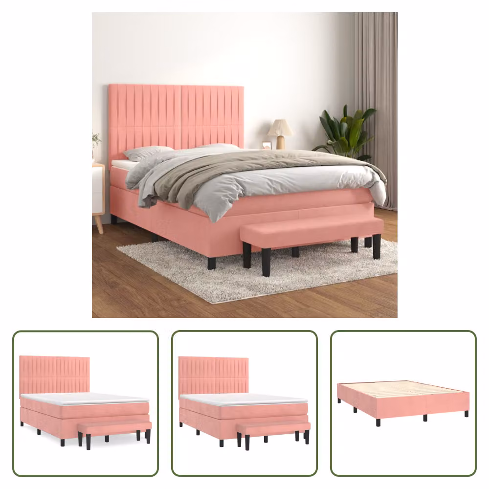 The Living Store Letto a molle con materasso Rosa 140x200 cm Velluto