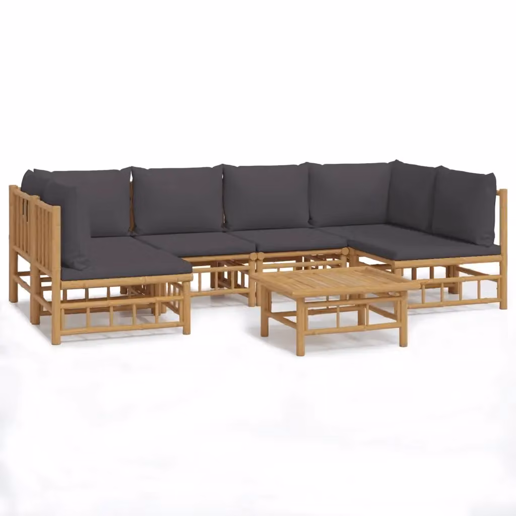 Set Salotto da Giardino a L vidaXL in Bambu con 7 Pezzi e Cuscini Grigio Scuro – 2