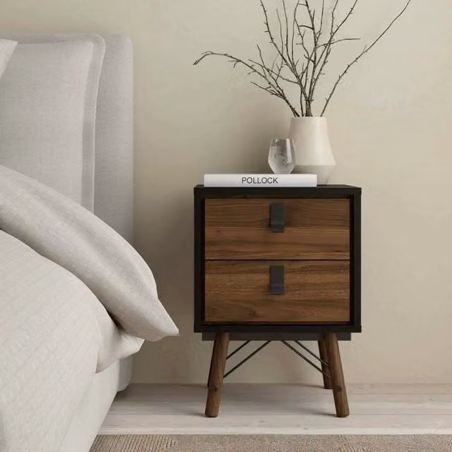 Comodino Jean DMORA moderno in legno MDF, Nero e Noce, L: 43,3 cm, P: 40,1 cm, H: 59,6 cm