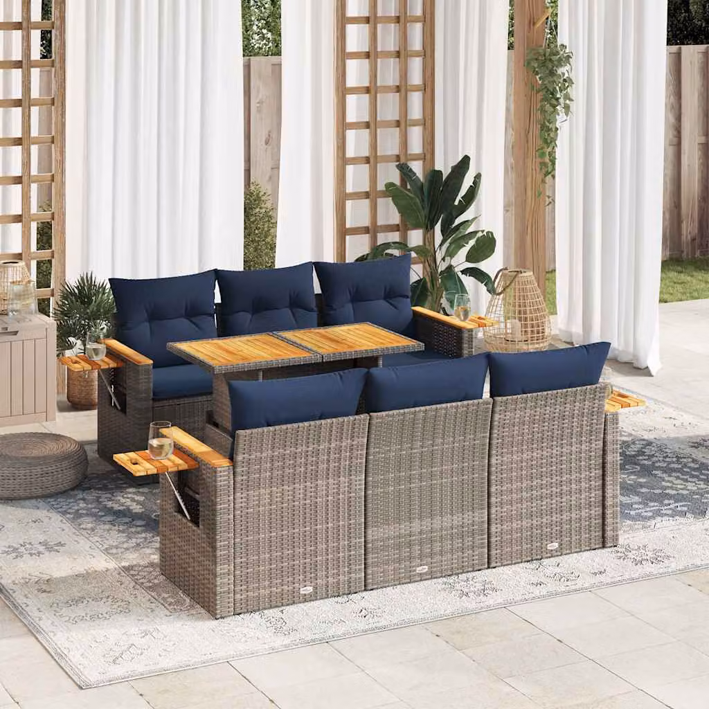 Set Divani da Giardino vidaXL 7 pz a Forma a U in Polyrattan con Cuscini Grigio e Blu e Tavolino da Caffè