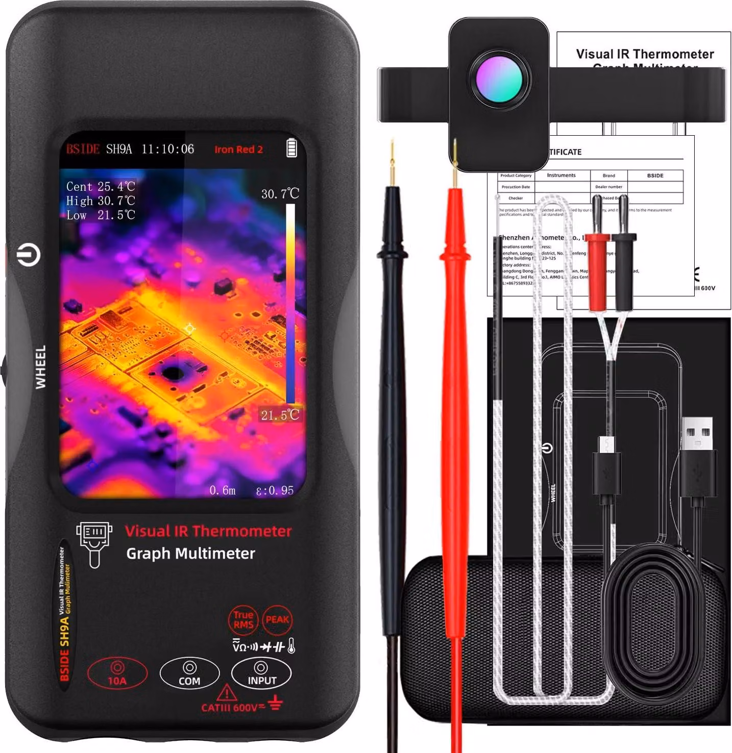 Termocamera, risoluzione 320 x 320, misurazione tensione 1000 VDC / AC, touchscreen capacitivo da 3,98 pollici, obiettivo macro SH9A