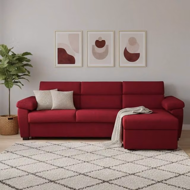 Divano Letto Priverno DMORA con Penisola Sfoderabile Made in Italy, Rosso, L/P: 285 x 160 cm