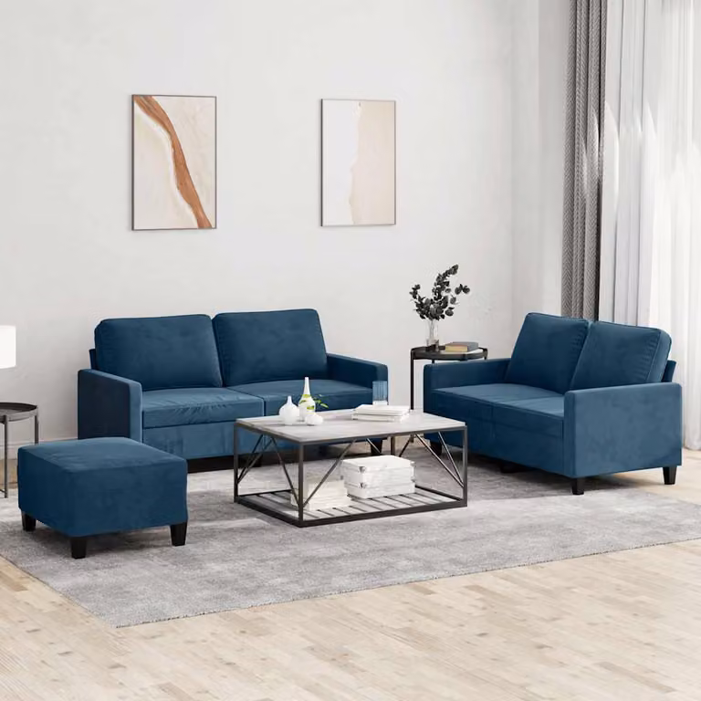 Set di 3 divani vidaXL in velluto blu con cuscini per soggiorno in stile moderno