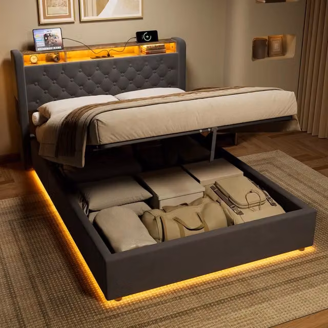 Letto Imbottito 140x190 cm Grigio in Velluto Holland con LED, Contenitore Idraulico, USB-A e USB-C