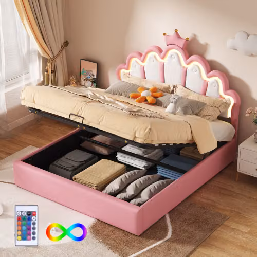 Letto matrimoniale AIORBER, letto imbottito, 140x200cm, design a nuvola, lampade LED regolabili, letto idraulico con contenitore, per bambini o adolescenti