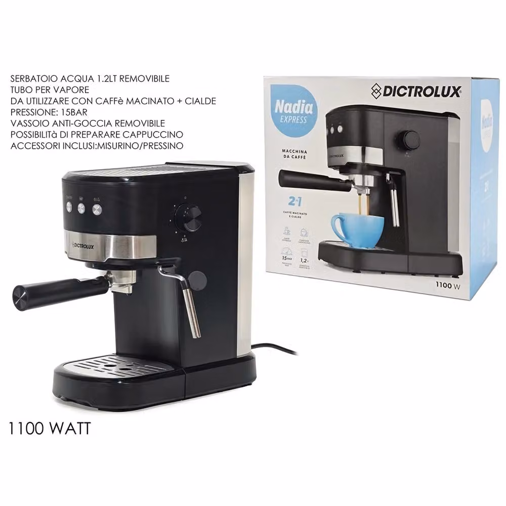 Macchina da Caffè Espresso 2in1 Trade Shop per Caffè Macinato o Cialde ESE, 1100W, 15 Bar, Serbatoio da 1,2 lt Rimovibile, Colore Nero e Argento – 2