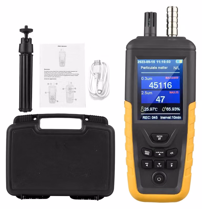 Monitoraggio della qualità dell'aria, misuratore di CO2, monitor delle particelle PM0.3/2.5/10um, sensore a 3 canali ad alta sensibilità, intervallo 0~1000 μg/m³, alimentazione tramite USB, monitoraggio della temperatura e dell'umidità