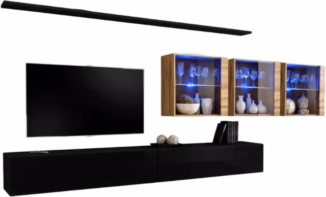 Composizione murale SWITCH XVII – Mobile TV doppio, cubi vetrati e mensole – Nero lucido e quercia Wotan – Design moderno