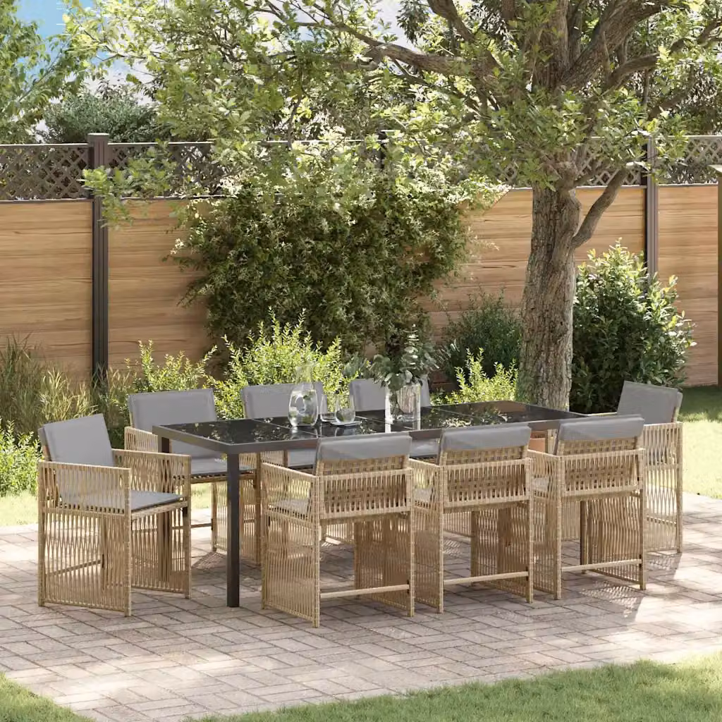 Set da pranzo per giardino e terrazzo vidaXL in polyrattan beige con piano in vetro, 9 pezzi