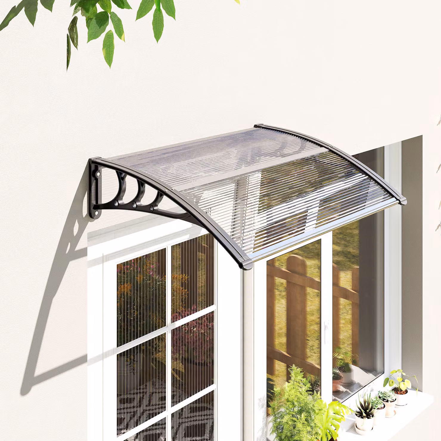 Pensilina da esterni Outsunny impermeabile e anti-UV in policarbonato e alluminio, Trasparente e Nero, L: 100 cm, P: 75 cm, H: 23 cm – 2
