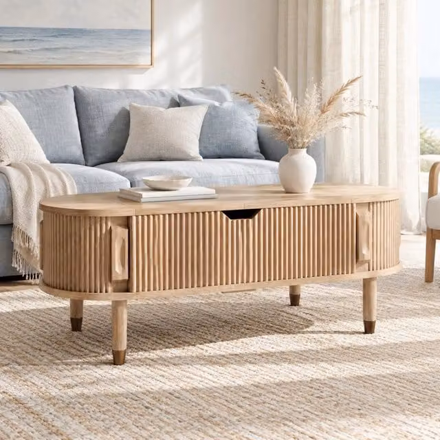 Tavolino da salotto elevabile con 2 ante scorrevoli e vano contenitore, finitura naturale, in MDF, 110 × 48 × 57 cm