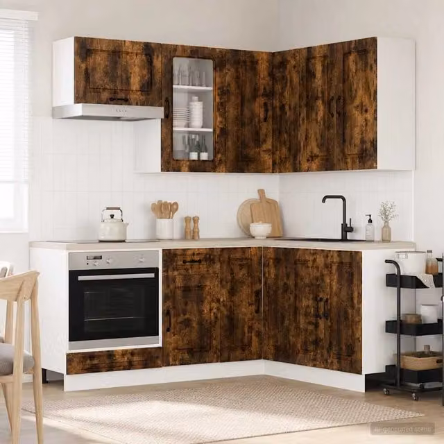Unità Cucina Moderna KALMAR vidaXL in Rovere Fumo con Ante in Vetro e Legno, 8 Pezzi, Marrone – 1