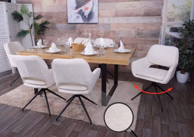 Set di 6 sedie da pranzo modello HWC-N74, sedie da cucina, girevoli con sistema di ritorno automatico, rivestite in tessuto chenille (490g/m²), colore crema