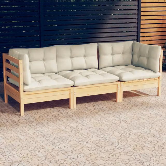 Divano da Giardino a 3 Posti con Cuscini-Sofa da Giardino-Divano da esterno Crema Massello di Pino