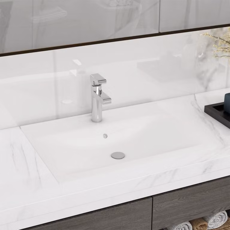 The Living Store Lavabo in Vetroceramica bianco rettangolare con foro per rubinetto 60x46 cm