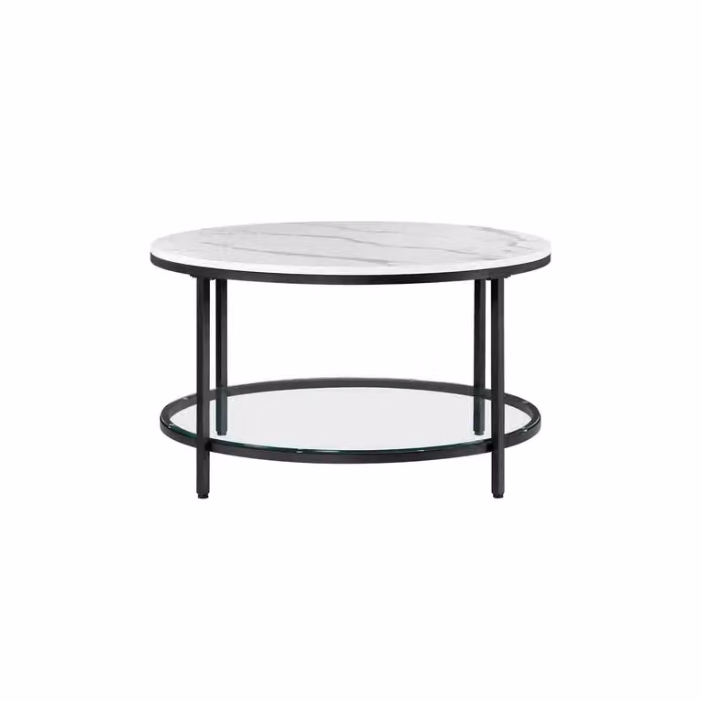 Tavolino da Salotto Rotondo, Bianco Marmo + Nero Inchiostro / 80 x 46 cm