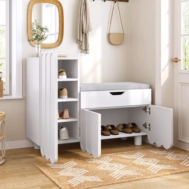 Scarpiera a 3 ante con cassetto e seduta imbottita in MDF bianco per ingresso portata 50 kg 90 × 35 × 74;5 cm
