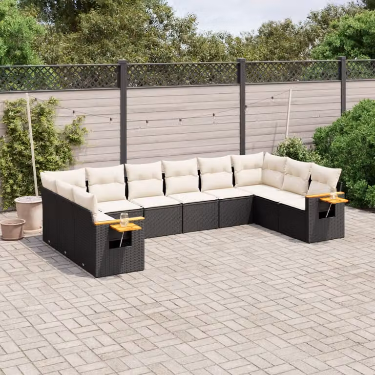 Set di divani da giardino vidaXL a forma di U composto da 10 pezzi con cuscini in polyrattan e tavolino da caffè nero