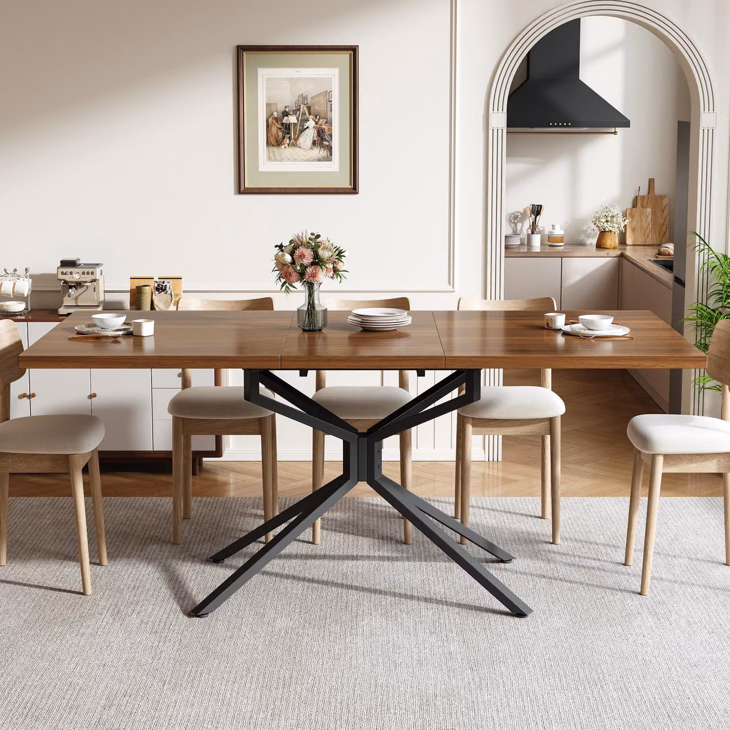 Tavolo allungabile Flieks, adatto per 4-6 persone, tavolo da cucina estendibile con struttura in metallo, tavolo rettangolare da pranzo 120/160x90 cm, colore marrone