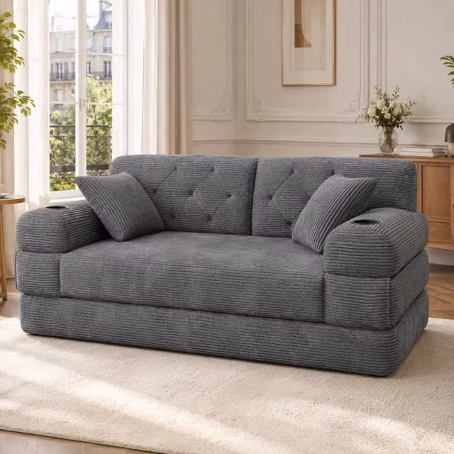 Divano letto 168.0x80.0x81.0 cm con schienale alto; 4 tasche e 2 portabicchieri in velluto a coste grigio scuro