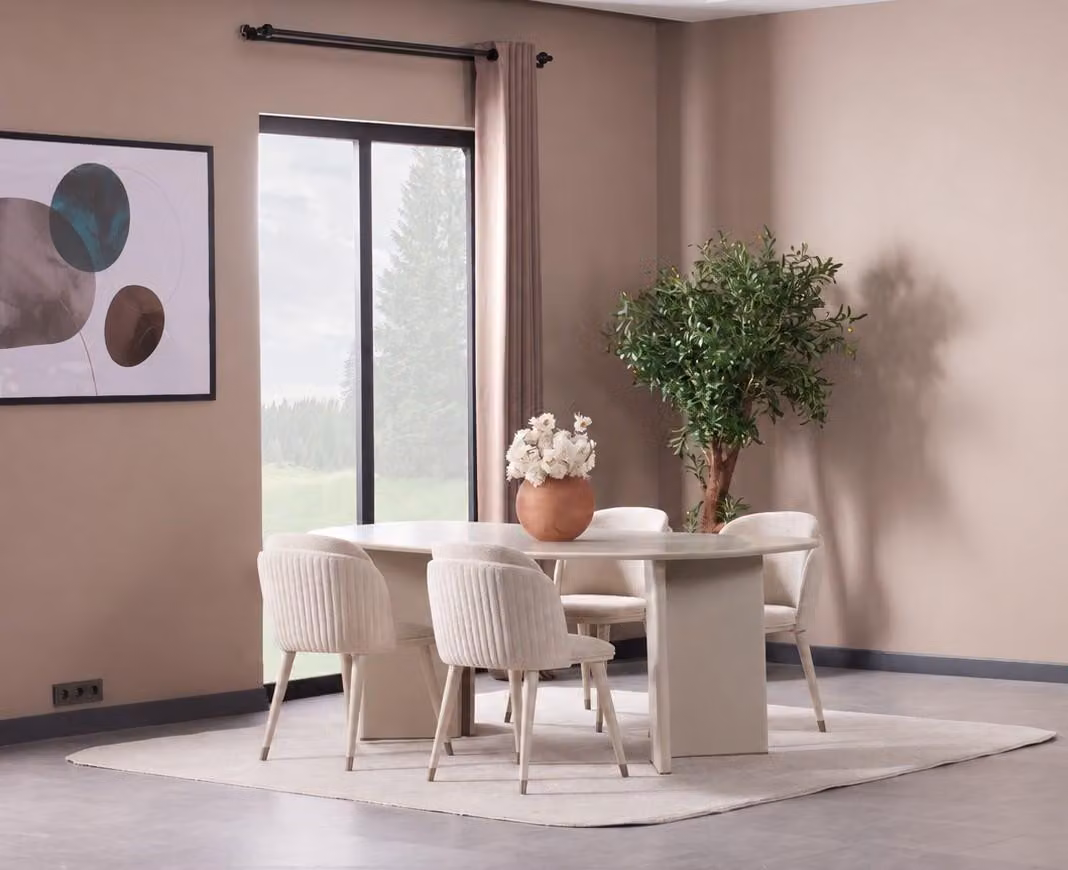 Tavolo da pranzo ovale con 4 sedie, stile moderno, beige, elegante set per la casa